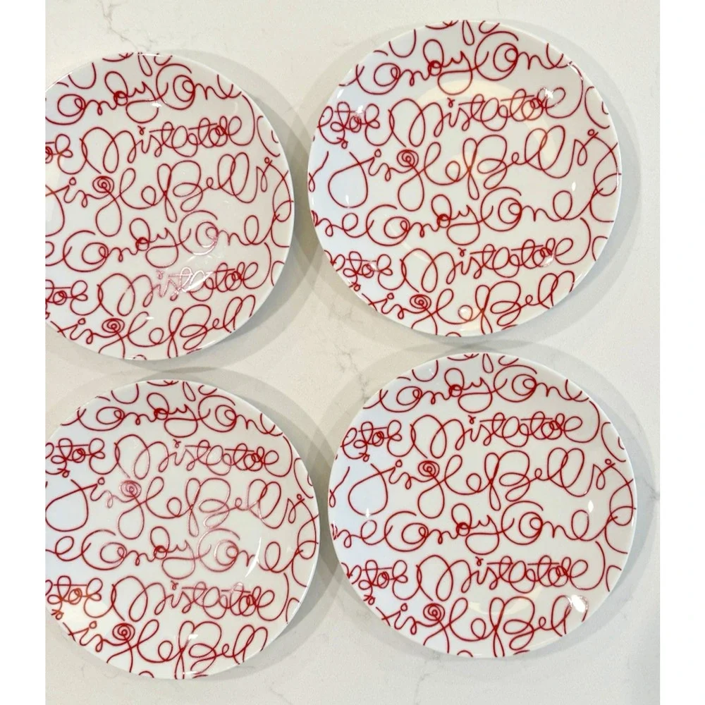 Set of 4 CRATE & BARREL Artwork Script Christmas Holiday Salad Plates 8.5
